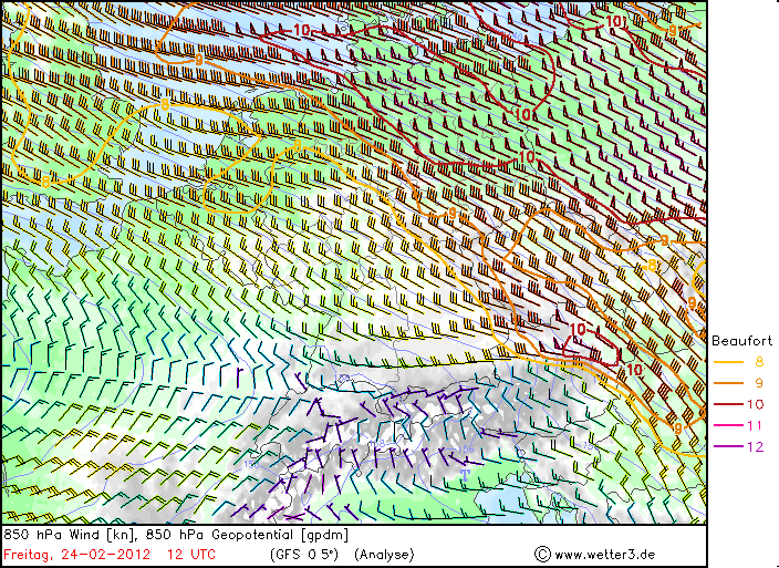Windströmung in 850 hPa am 24.02.2012 13:00 MEZ, Analyse nach GFS (Quelle: wetter3.de)