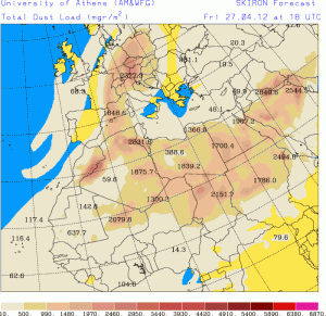 Saharastaub-Prognose für den 27.04.2012, 18:00 UTC (Quelle: http://forecast.uoa.gr/dustindx.php)