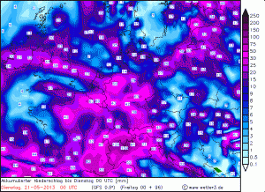 Karte der vorausberechneten Regensummen Freitag bis Montag, GFS-Modell. Quelle: wetter3.de