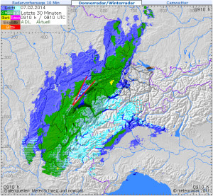Radarkomposit vom 07.02.2014 09:10 Uhr (Donnerradar/Winterradar von metradar.ch, frei zugänglich)