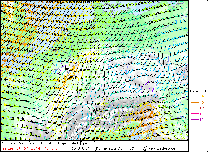 Windverhältnisse in rund 3000 m am Freitagabend. Zu sehen ist die Föhnströmung sowie eine auf die Westschweiz übergreifende Konvergenz