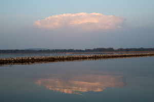 Die Schauerzelle zwischen Grenchen und Lyss um 18:23 Uhr, gesehen von der Mündung des Broyekanals in den Neuenburgersee
