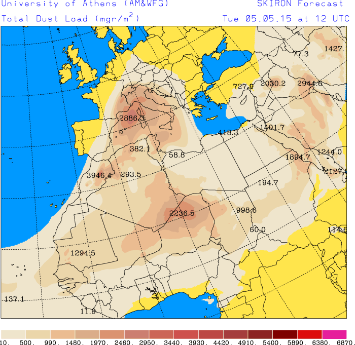Die Staub-Prognose der Universtät Athen zeigt am Dienstagmittag einen starken Eintrag von Saharastaub in der Luft. Dieser wird mit dem Regen am Abend deponiert. Es empfiehlt sich also, mit dem Autwaschen bis am Mittwoch zuzuwarten.